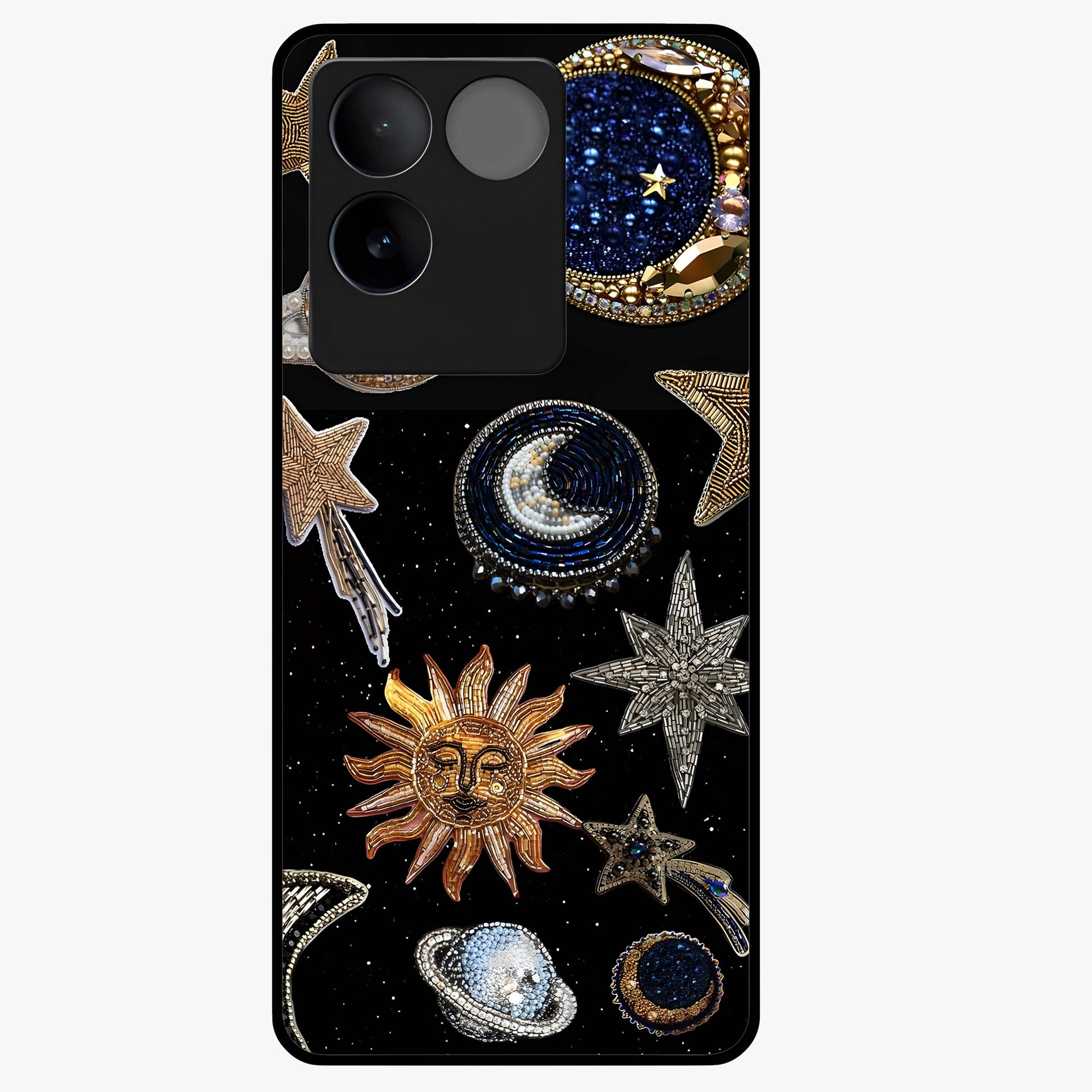 Celestial Gem Constellations Glass Case showing flat back view with sparkling constellation artwork and glossy glass finish.