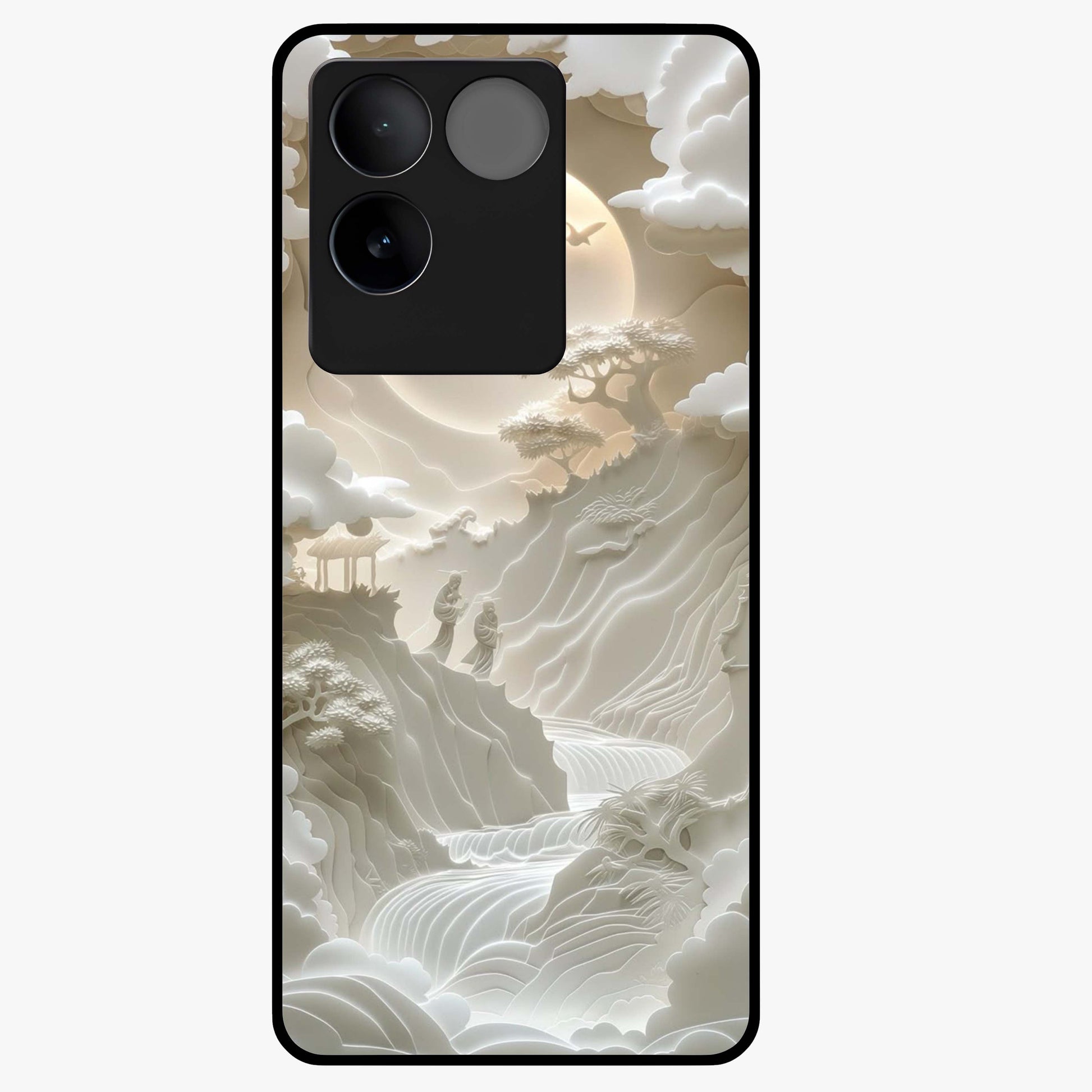 Celestial Origami Glass Case showing flat back view with artistic origami inspired celestial artwork and glossy glass finish.