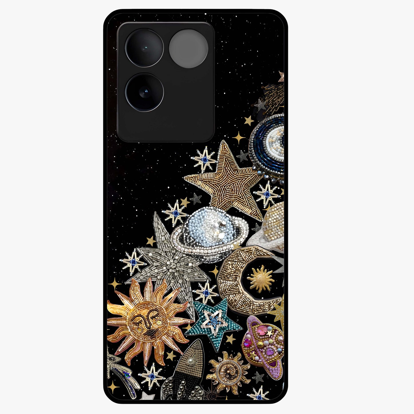Cosmic Sparkle Dreams Glass Case showing flat back view with sparkling cosmic artwork and glossy glass finish.