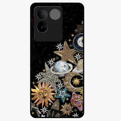 Cosmic Sparkle Dreams Glass Case showing flat back view with sparkling cosmic artwork and glossy glass finish.