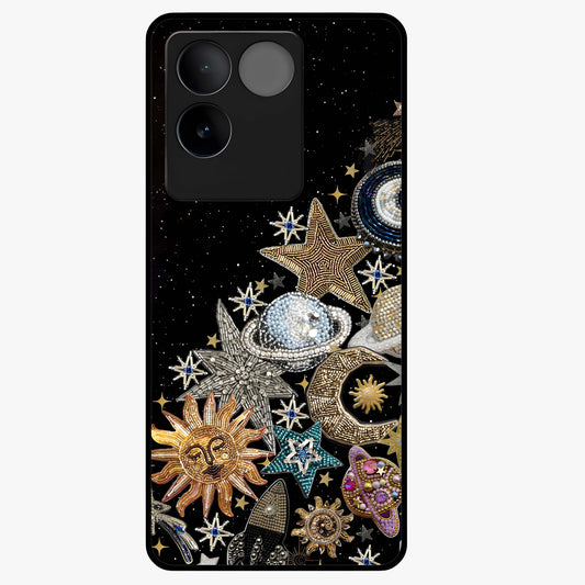 Cosmic Sparkle Dreams Glass Case showing flat back view with sparkling cosmic artwork and glossy glass finish.
