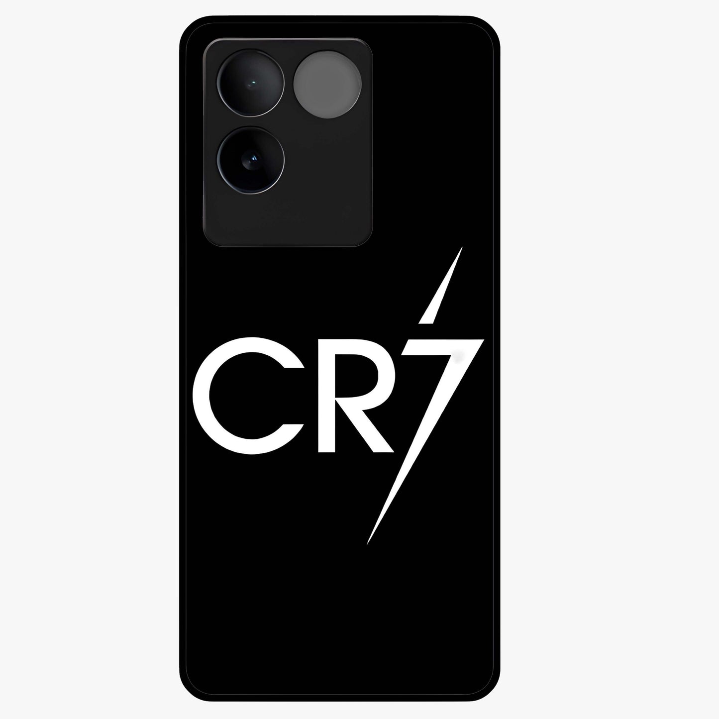 Cr7 Elite Strike Glass Case showing flat back view with dynamic football inspired artwork and glossy glass finish.