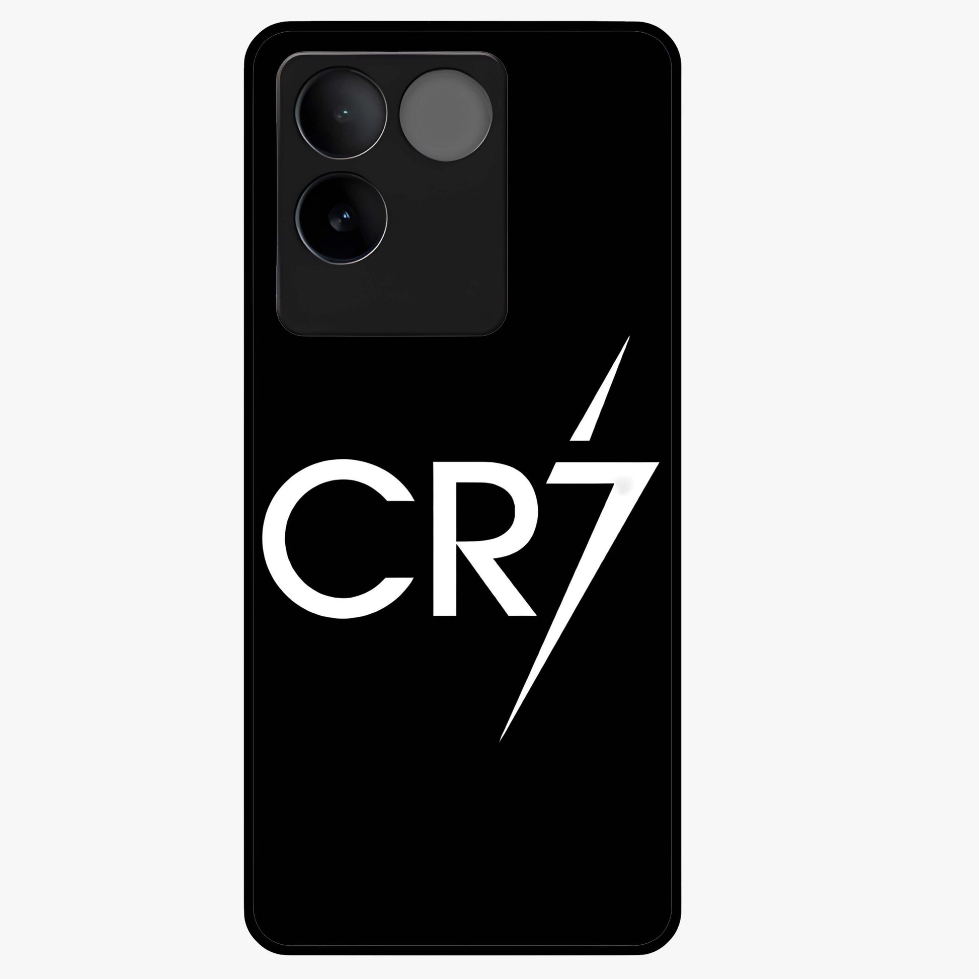 Cr7 Elite Strike Glass Case showing flat back view with dynamic football inspired artwork and glossy glass finish.