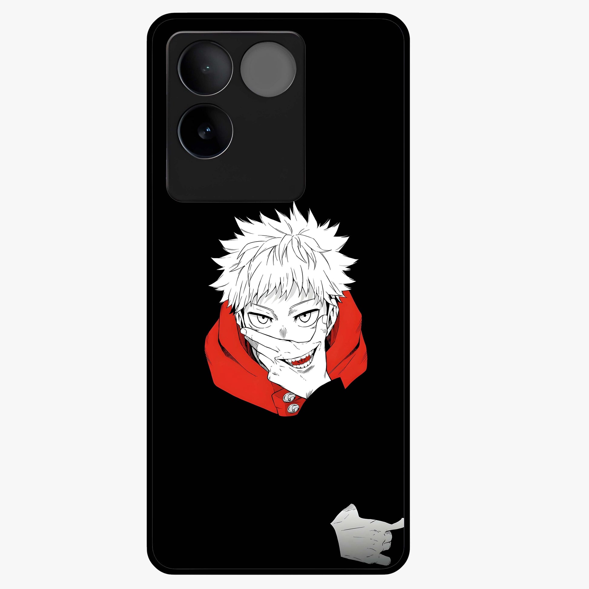Crimson Chaos Smile Glass Case showing flat back view with bold chaotic smile artwork and glossy glass finish.
