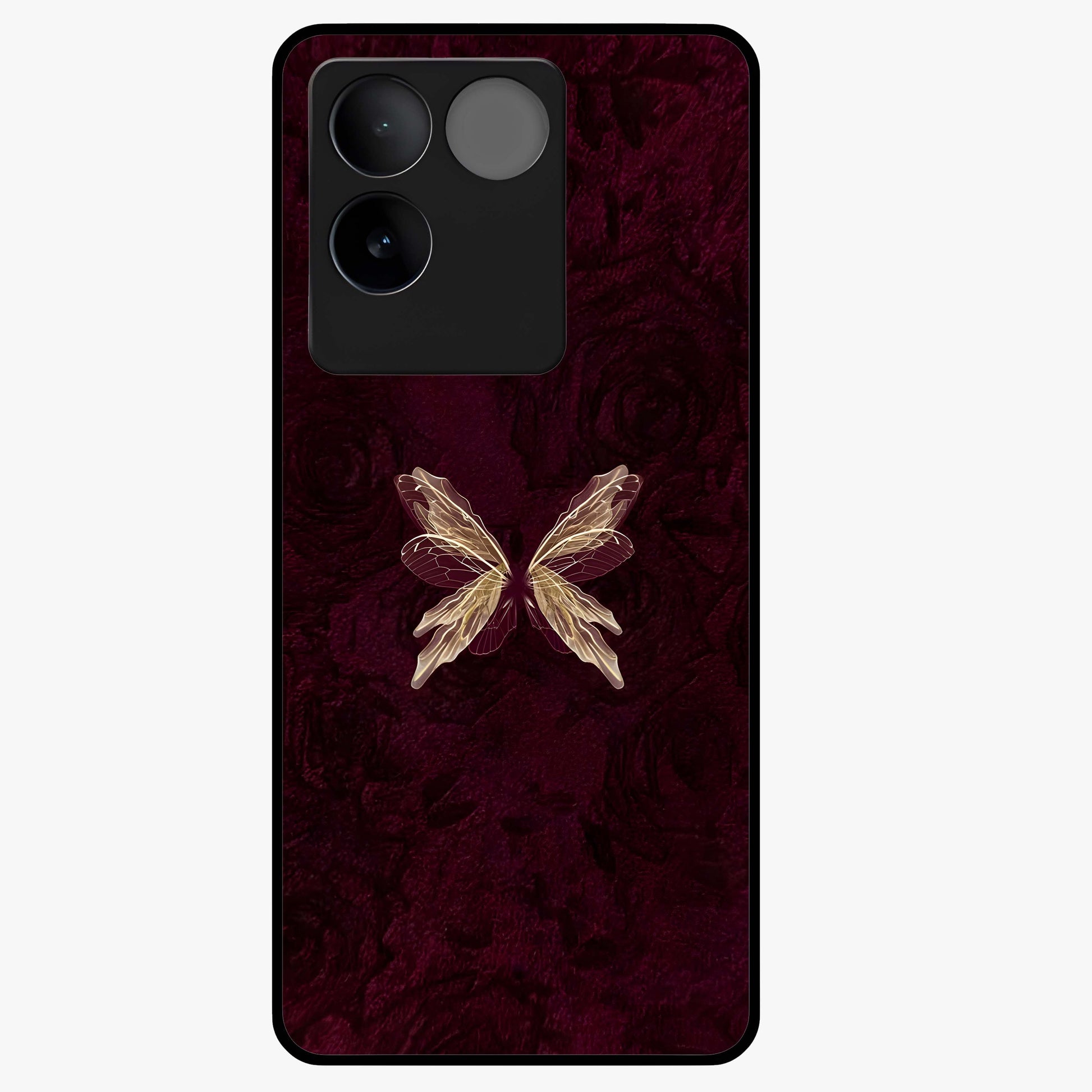 Crimson Fade Butterfly Glass Case showing flat back view with fading butterfly artwork and glossy glass finish.