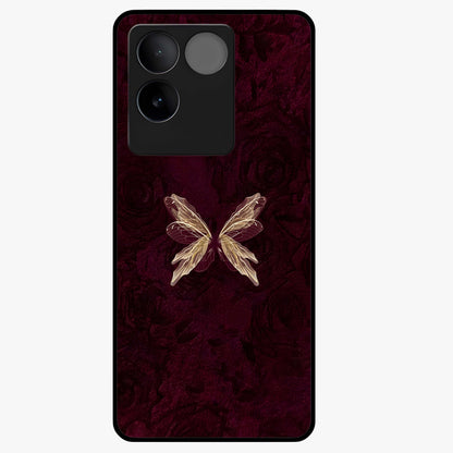 Crimson Fade Butterfly Glass Case showing flat back view with fading butterfly artwork and glossy glass finish.