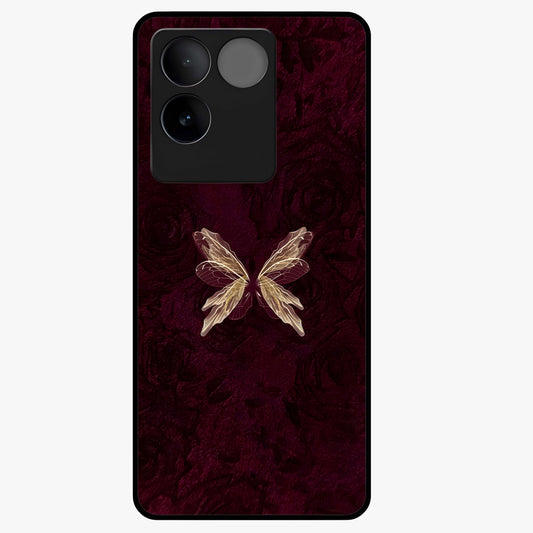 Crimson Fade Butterfly Glass Case showing flat back view with fading butterfly artwork and glossy glass finish.