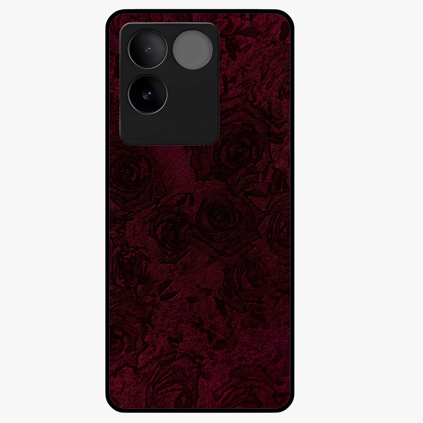 Crimson Fade Flow Glass Case showing flat back view with flowing crimson gradient artwork and glossy glass finish.