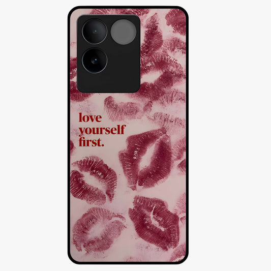 Crimson Kiss Love Glass Case showing flat back view with romantic crimson themed artwork and glossy glass finish.