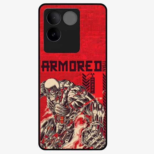 Crimson Mecha Titan Glass Case showing flat back view with powerful mech titan artwork and glossy glass finish.