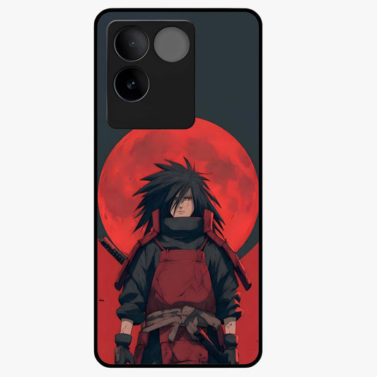Crimson Moon Warlord Glass Case showing flat back view with mystical moon warrior artwork and glossy glass finish.