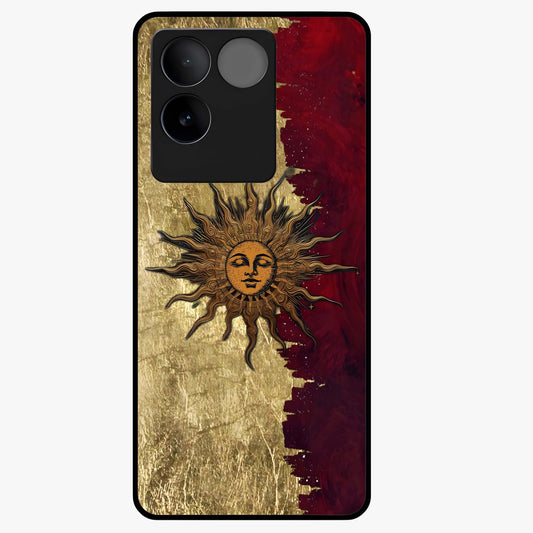 Crimson Sun Majesty Glass Case showing flat back view with radiant sun inspired artwork and glossy glass finish.