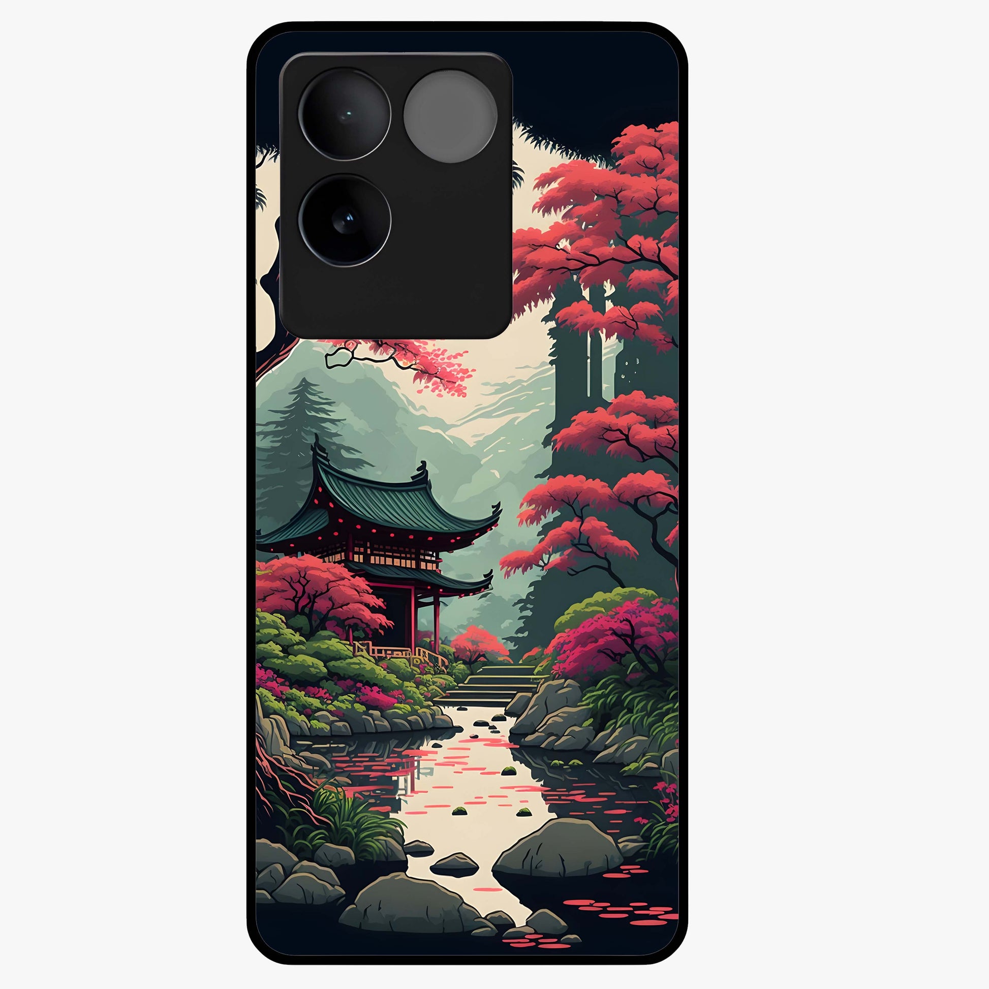 Crimson Temple View Glass Case showing flat back view with temple inspired artwork and glossy glass finish.