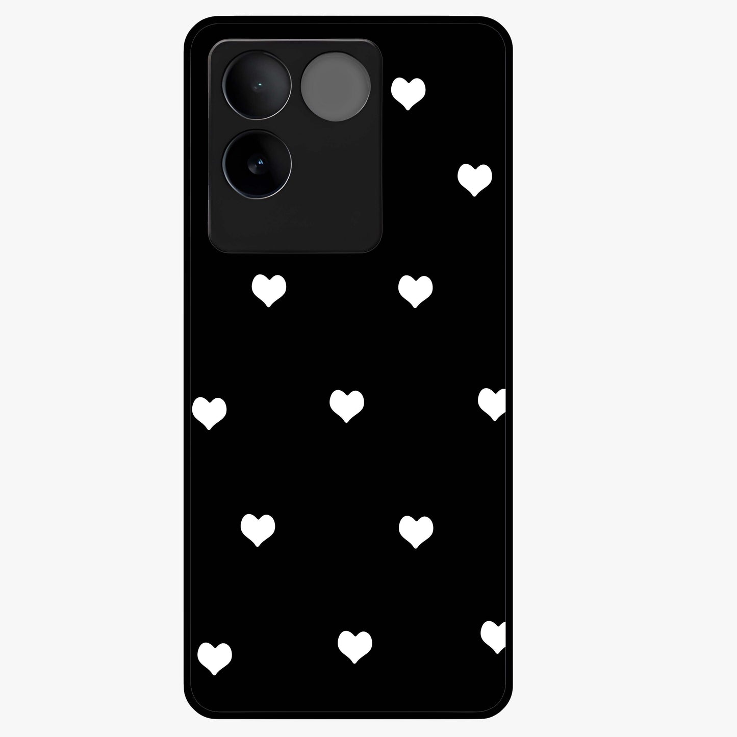 Cute And Simple White Hearts Glass Case showing flat back view with minimal white heart pattern and glossy glass finish.