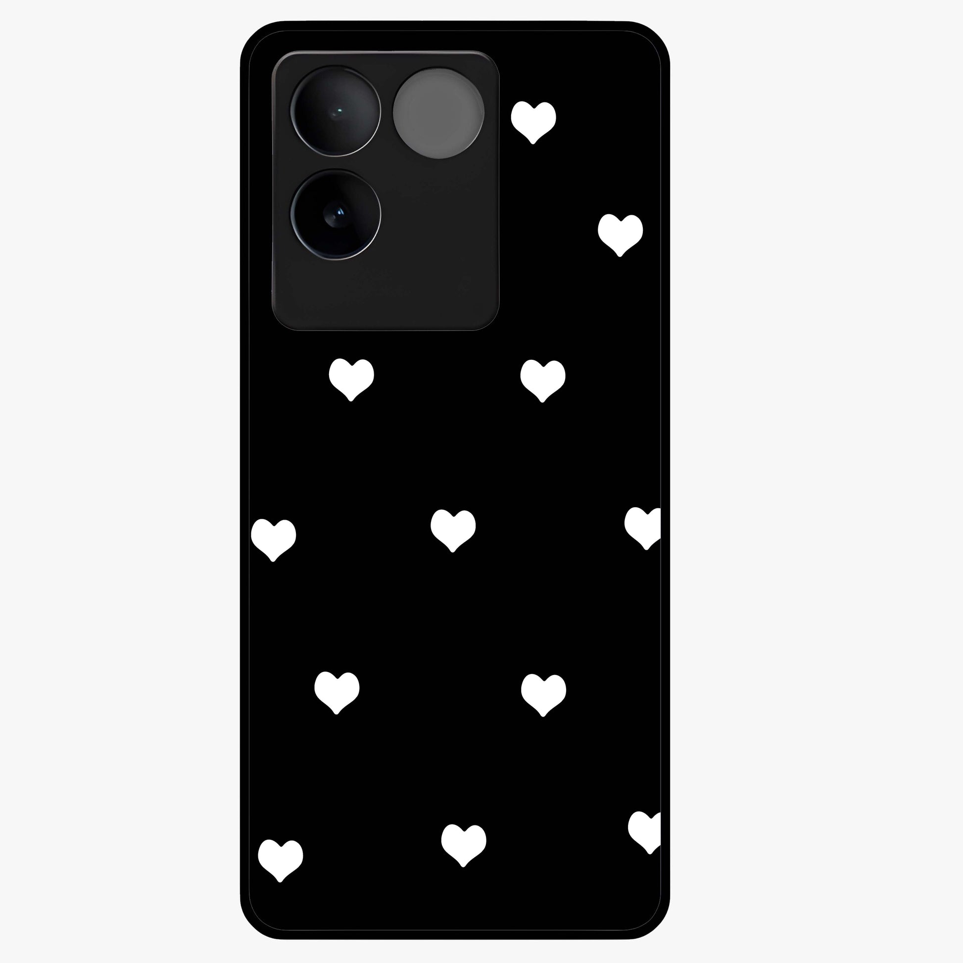 Cute And Simple White Hearts Glass Case showing flat back view with minimal white heart pattern and glossy glass finish.