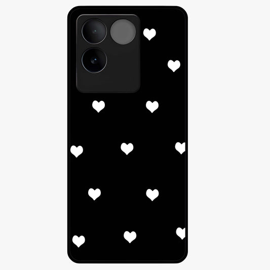 Cute And Simple White Hearts Glass Case showing flat back view with minimal white heart pattern and glossy glass finish.