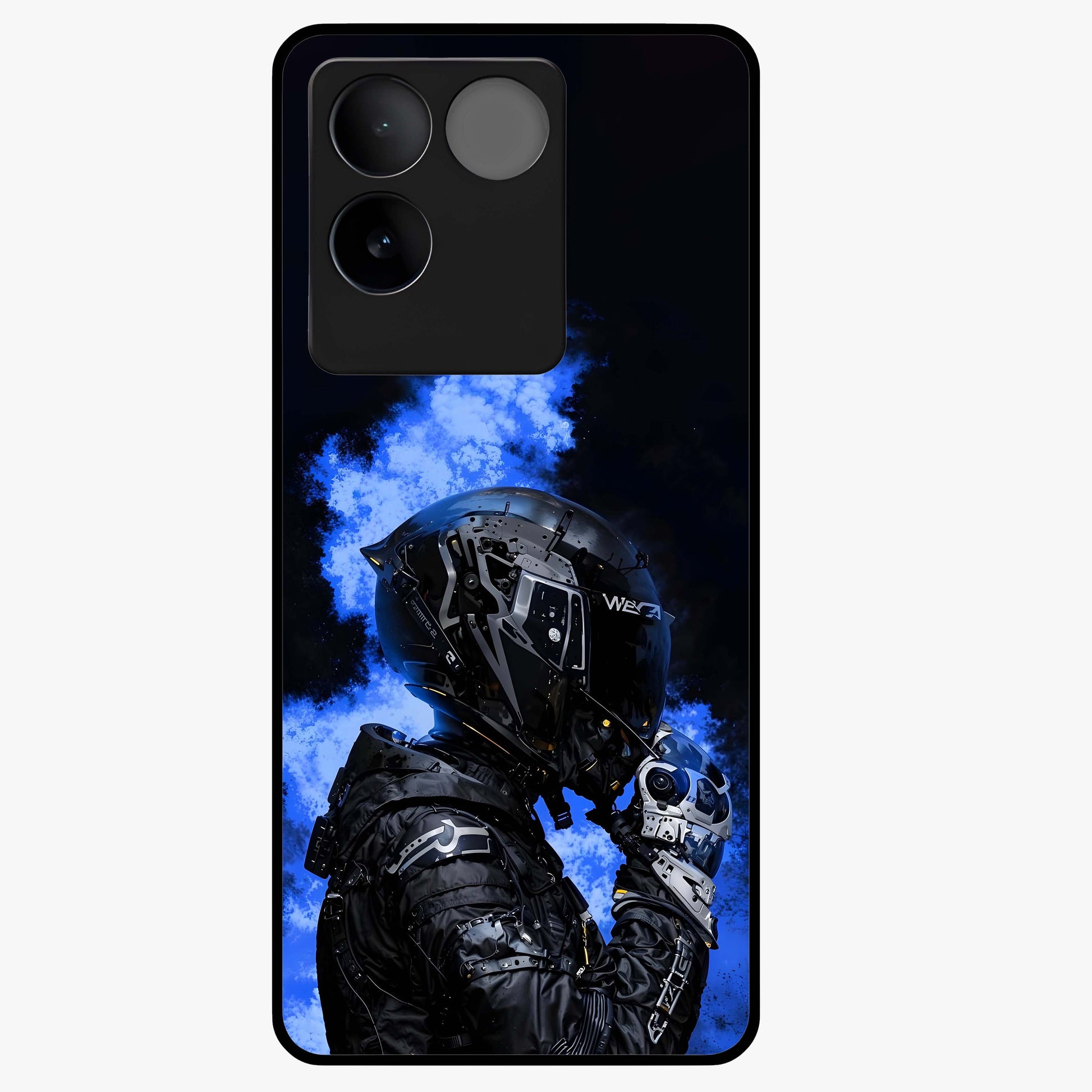 Cyber Sentinel Protocol Glass Case showing flat back view with futuristic cyber themed artwork and glossy glass finish.