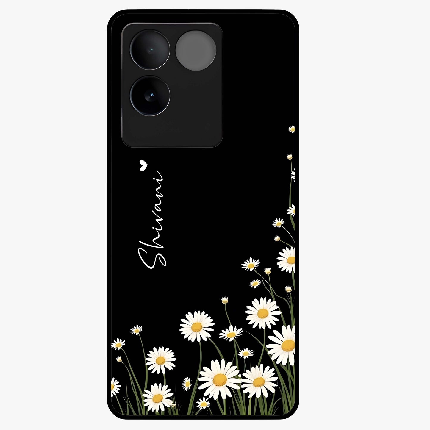 Daisy Cascade Custom Name Glass Case showing flat back view with cascading daisy flowers and personalized name design.