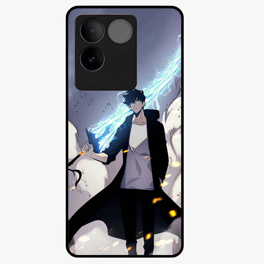 Dark Lightning Anime Warrior Glass Case showing flat back view with intense anime warrior artwork and glossy glass finish.