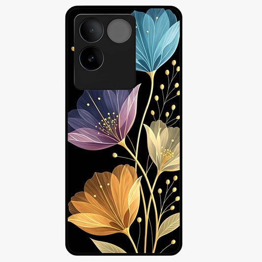 Delicate Multicolor Flowers Glass Case showing flat back view with vibrant floral artwork and glossy glass finish.