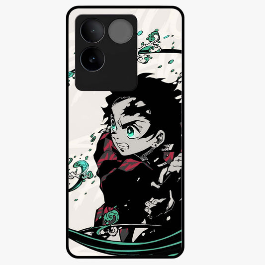 Demon Slayer Glass Case showing flat back view with bold anime inspired artwork and glossy glass finish.