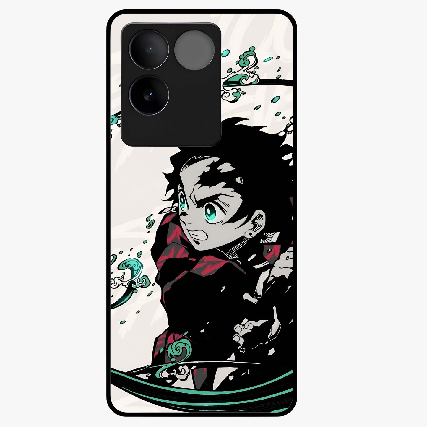 Demon Slayer Glass Case showing flat back view with bold anime inspired artwork and glossy glass finish.