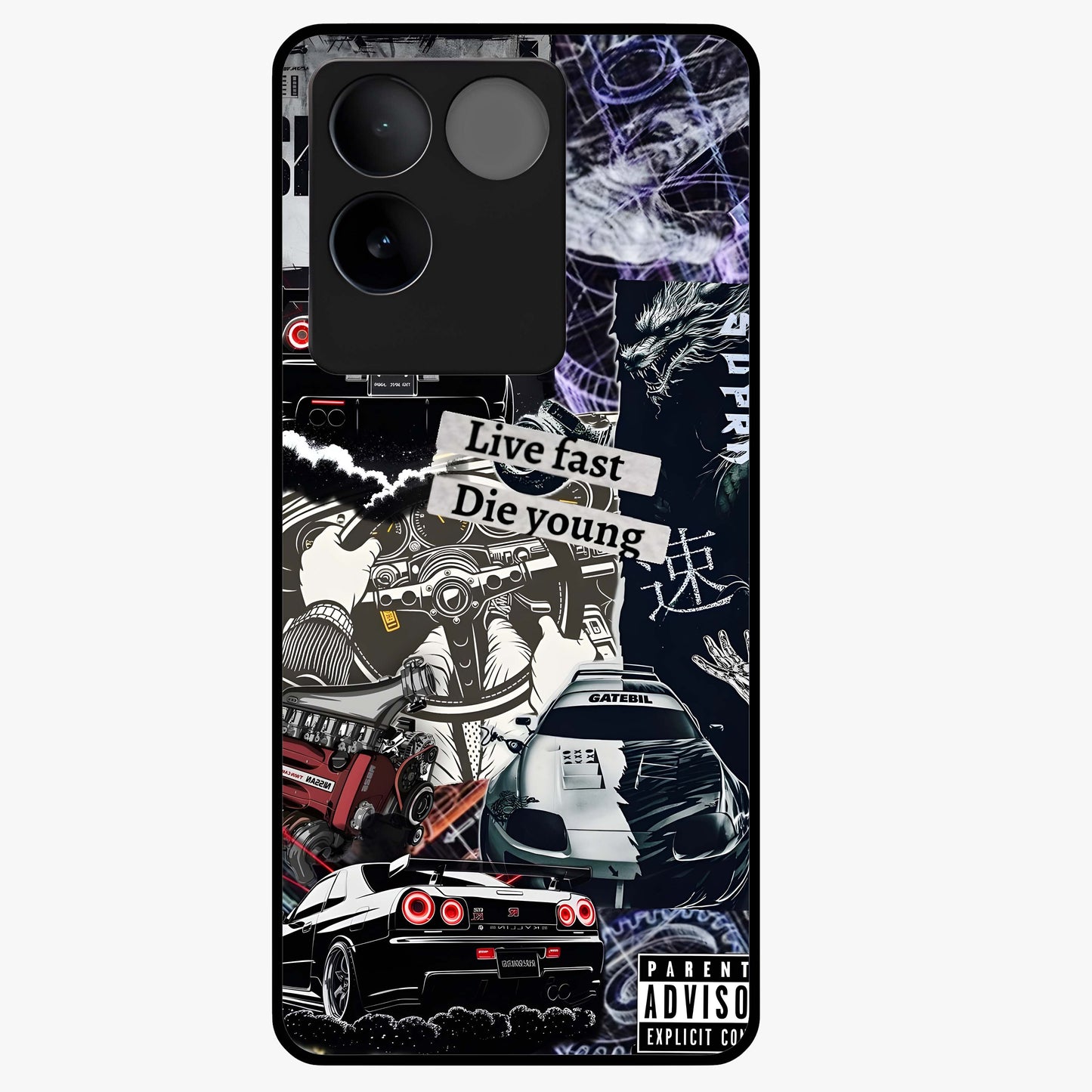 Die Young Glass Case showing flat back view with bold artistic typography design and glossy glass finish.