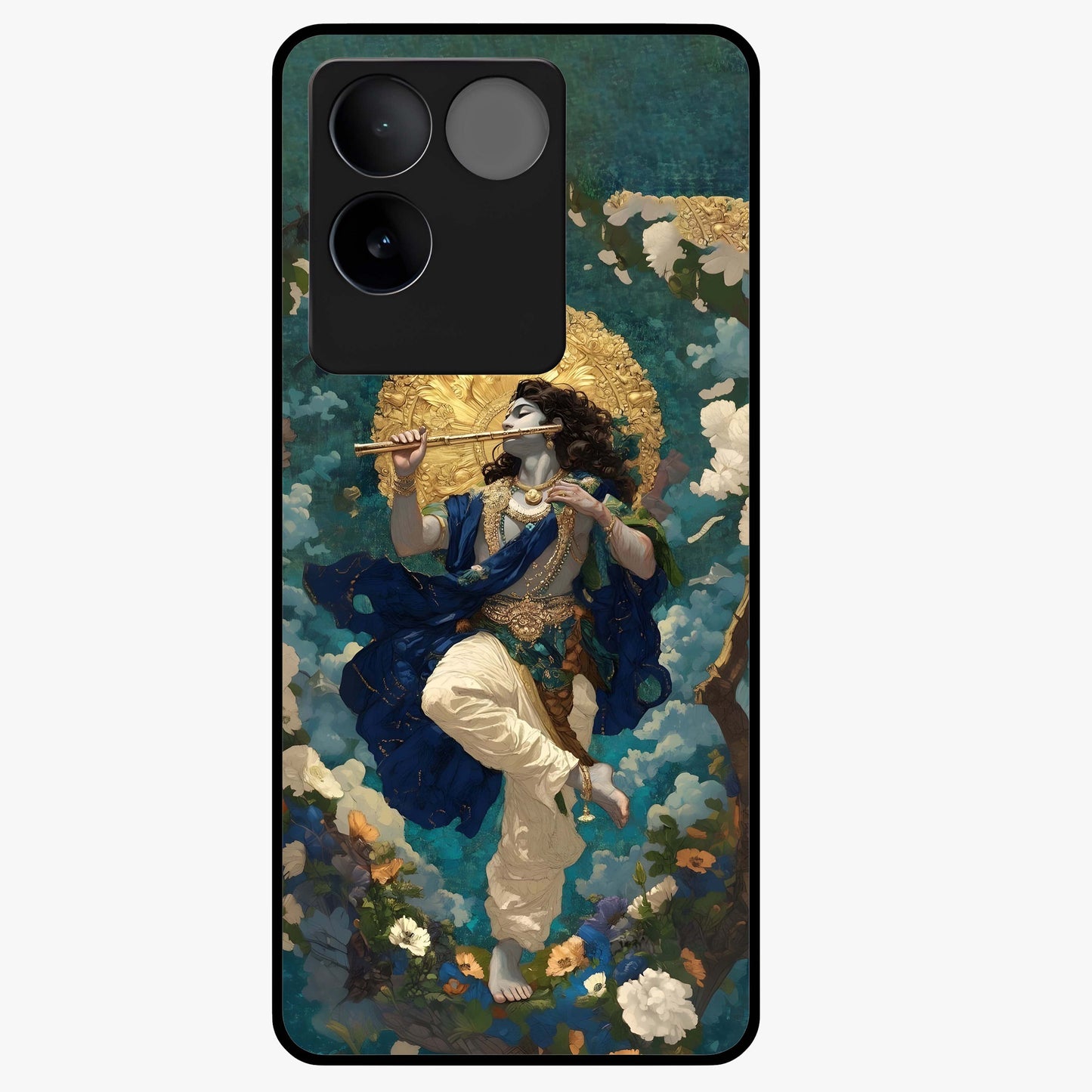 Divine Krishna Art Glass Case showing flat back view with Lord Krishna artwork and glossy glass finish.