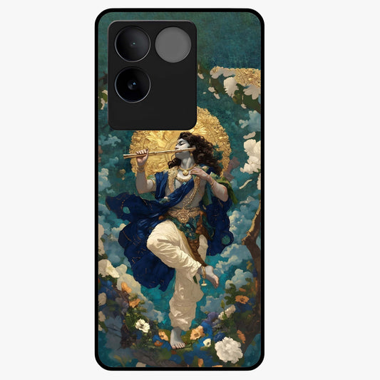 Divine Krishna Art Glass Case showing flat back view with Lord Krishna artwork and glossy glass finish.