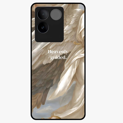 Divine Winged Grace Glass Case showing flat back view with elegant wing inspired artwork and glossy glass finish.