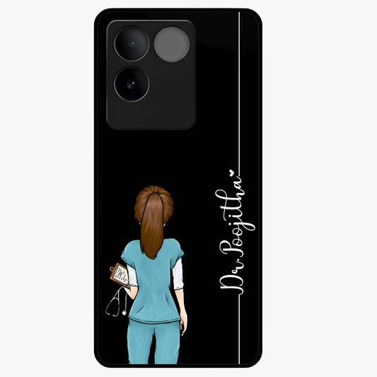 Doctor Pattern Custom Name Glass Case showing flat back view with medical themed pattern and personalized name design.