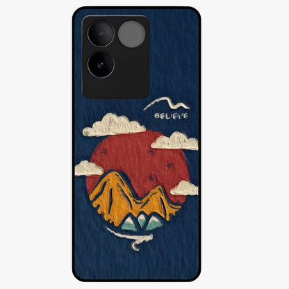 Dream Beyond Mountains Glass Case showing flat back view with scenic mountain landscape artwork and glossy glass finish.