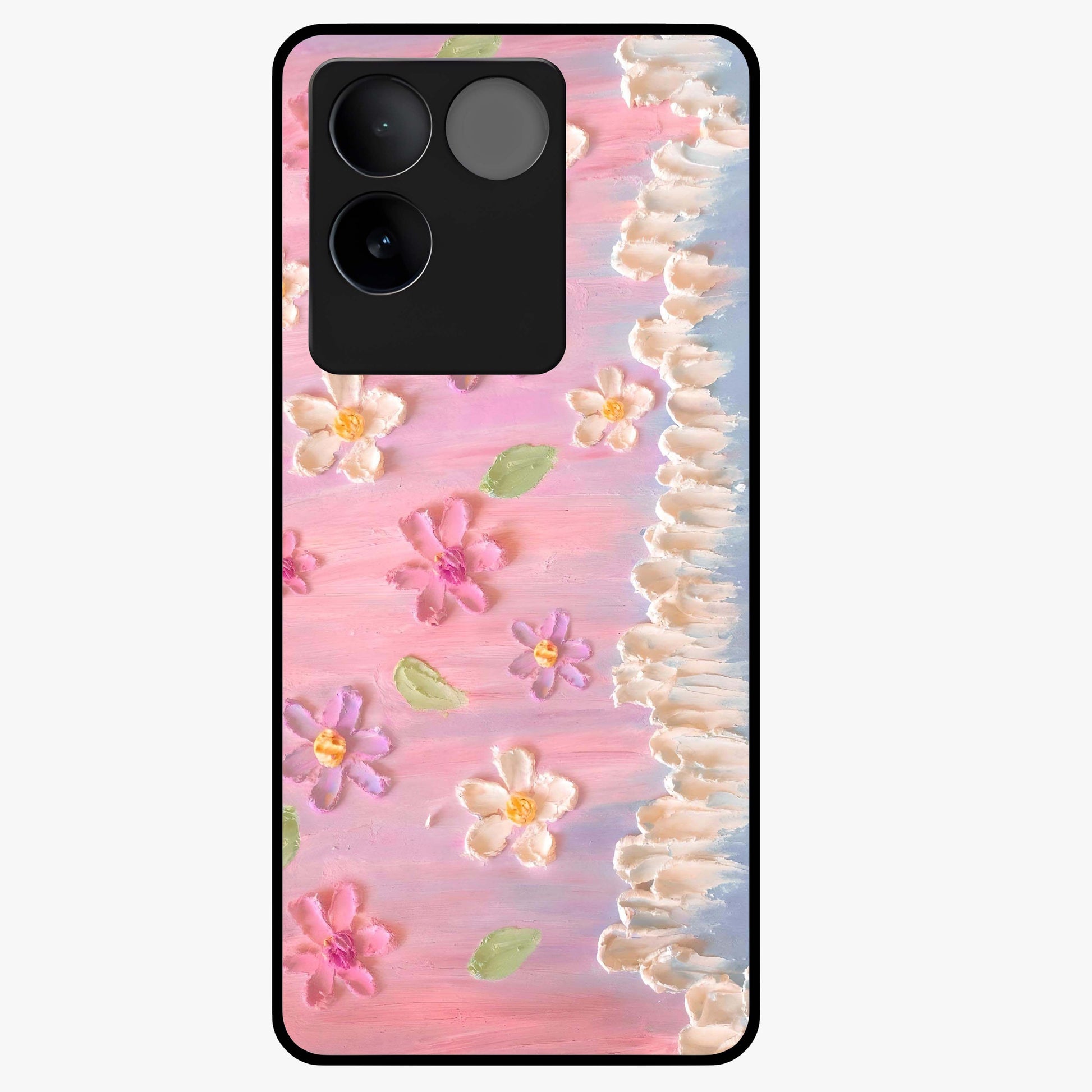 Dreamy Painted Garden Glass Case showing flat back view with artistic painted floral garden artwork and glossy glass finish.