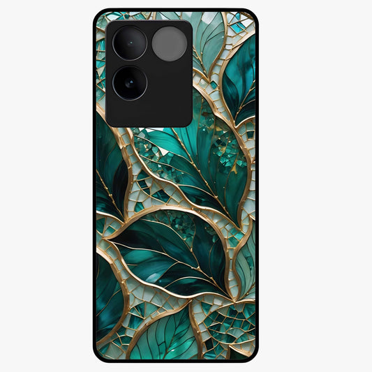 Emerald Leaf Glass Glass Case showing flat back view with emerald green leaf artwork and glossy glass finish.