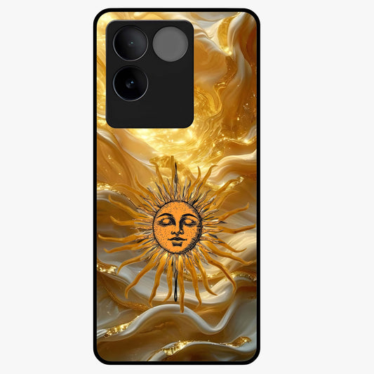 Eternal Golden Glow Glass Case showing flat back view with radiant golden themed artwork and glossy glass finish.