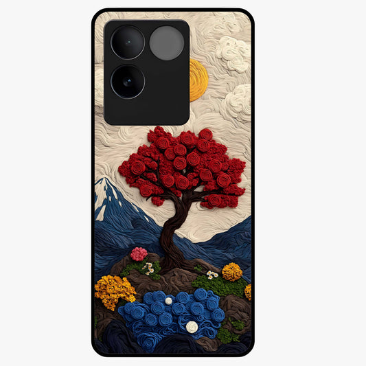 Eternal Nature Tapestry Glass Case showing flat back view with intricate nature tapestry artwork and glossy glass finish.