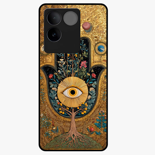 Ethereal Evil Eye Glass Case showing flat back view with mystical evil eye artwork and glossy glass finish.