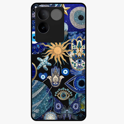 Evil Eye Charm Mix Glass Case showing flat back view with multiple evil eye charms artwork and glossy glass finish.