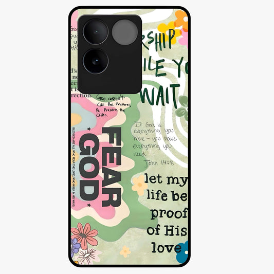 Faith Over Fear Glass Case showing flat back view with motivational typography artwork and glossy glass finish.