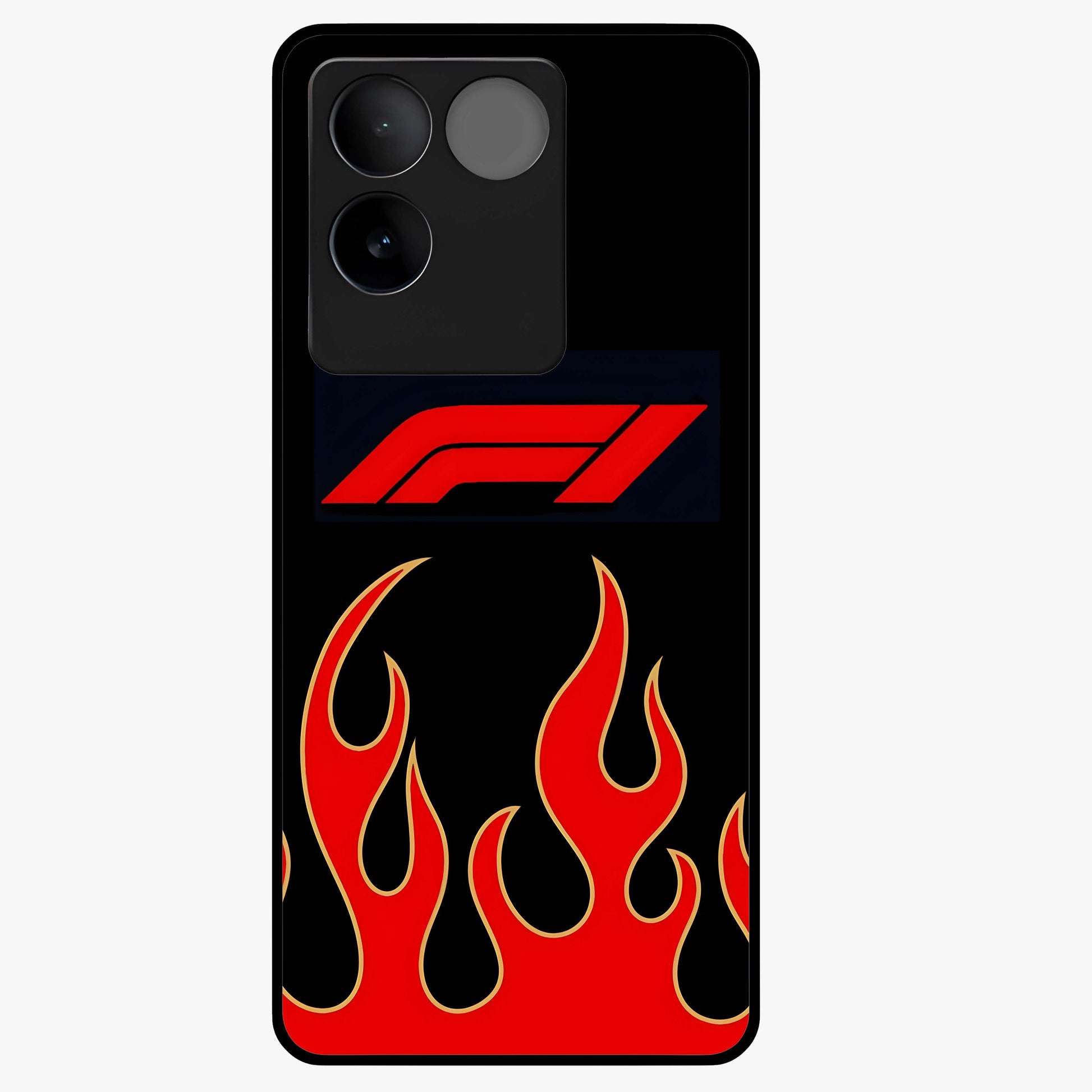 Fire F11 Glass Case showing flat back view with fiery themed artwork and glossy glass finish.