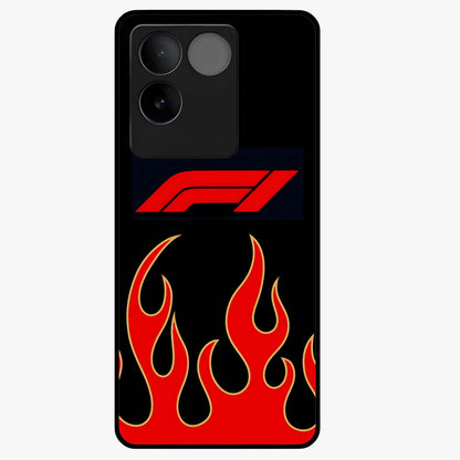Fire F11 Glass Case showing flat back view with fiery themed artwork and glossy glass finish.
