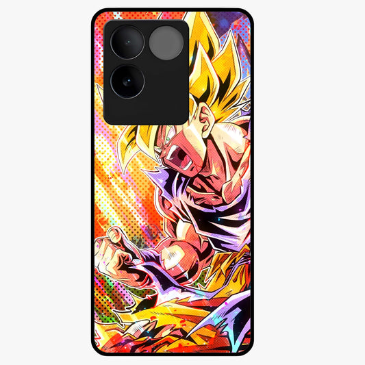 Firing Goku Glass Case showing flat back view with powerful anime inspired artwork and glossy glass finish.