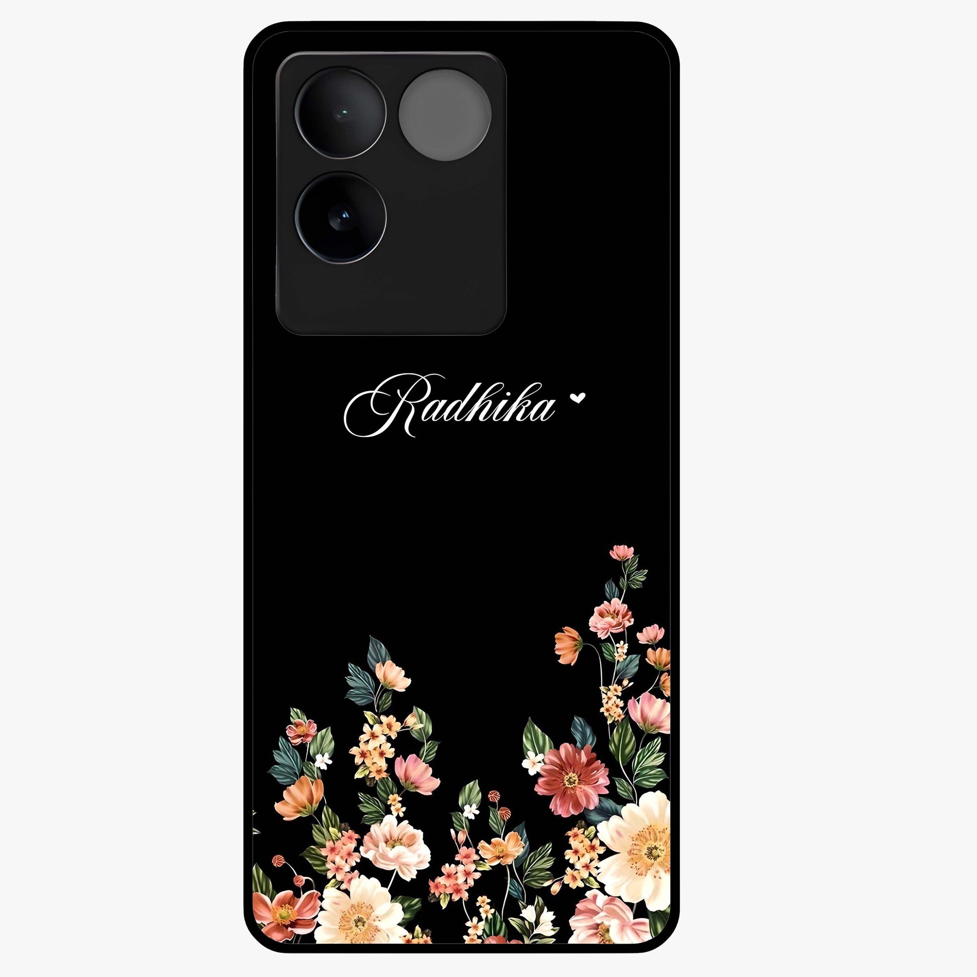 Floral Design With a Custom Personalized Name Glass Case showing flat back view with floral artwork and personalized name design.