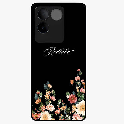 Floral Design With a Custom Personalized Name Glass Case showing flat back view with floral artwork and personalized name design.