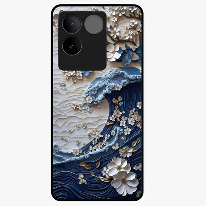 Floral Wave Origami Glass Case showing flat back view with origami inspired floral wave artwork and glossy glass finish.