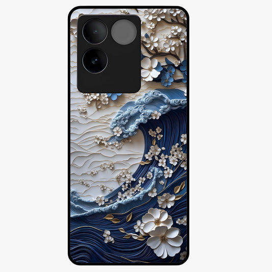 Floral Wave Origami Glass Case showing flat back view with origami inspired floral wave artwork and glossy glass finish.