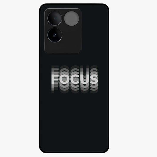 Focus Mode On Glass Case showing flat back view with bold motivational typography design and glossy glass finish.