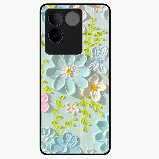 Frosted Petal Garden Glass Case showing flat back view with soft frosted floral artwork and glossy glass finish.