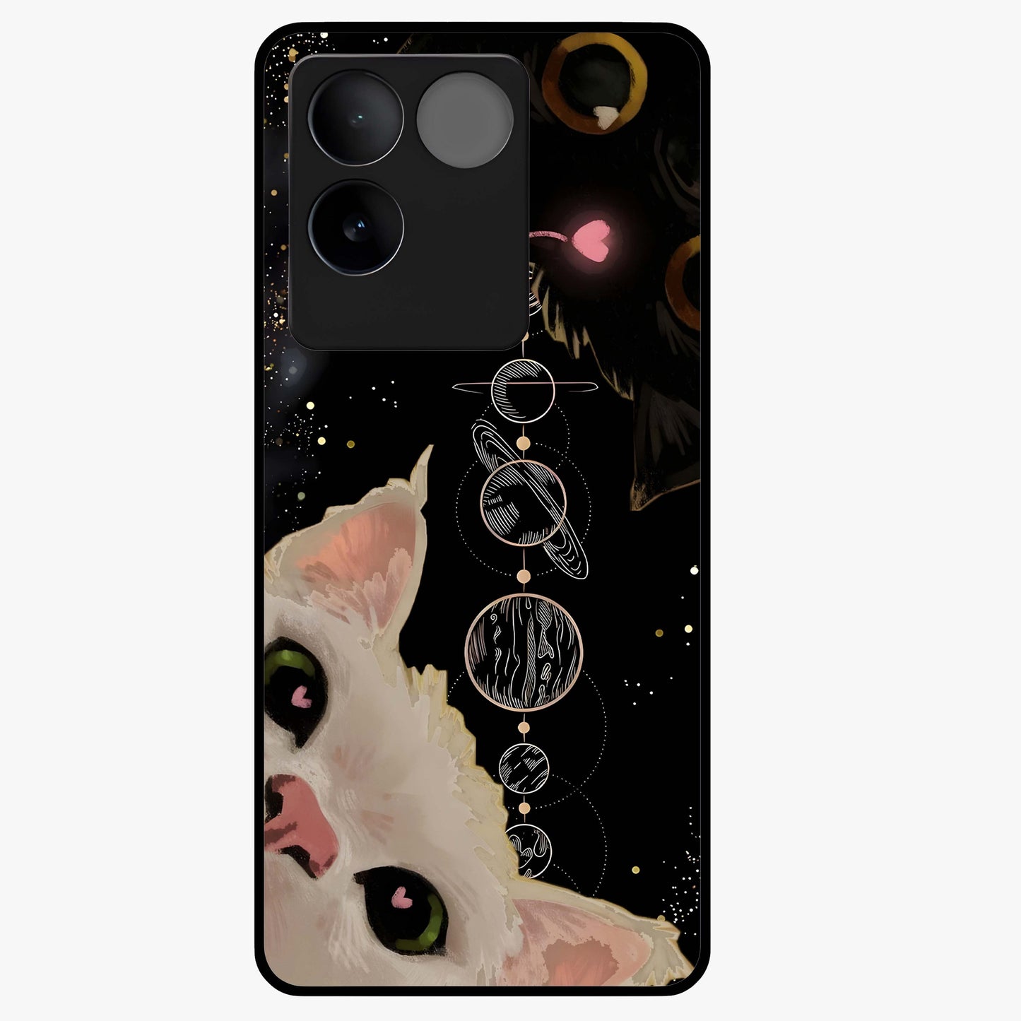 Galactic Cat Glass Case showing flat back view with cosmic cat artwork and glossy glass finish.