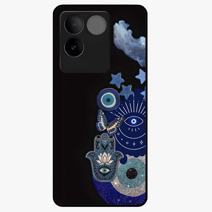 Galactic Charm Cluster Glass Case showing flat back view with glowing celestial charm artwork and glossy glass finish.